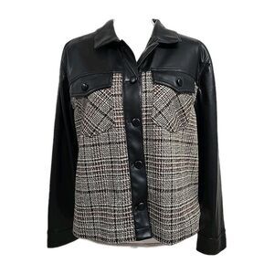 Black Leather-Accent Tweed Shacket Jacket